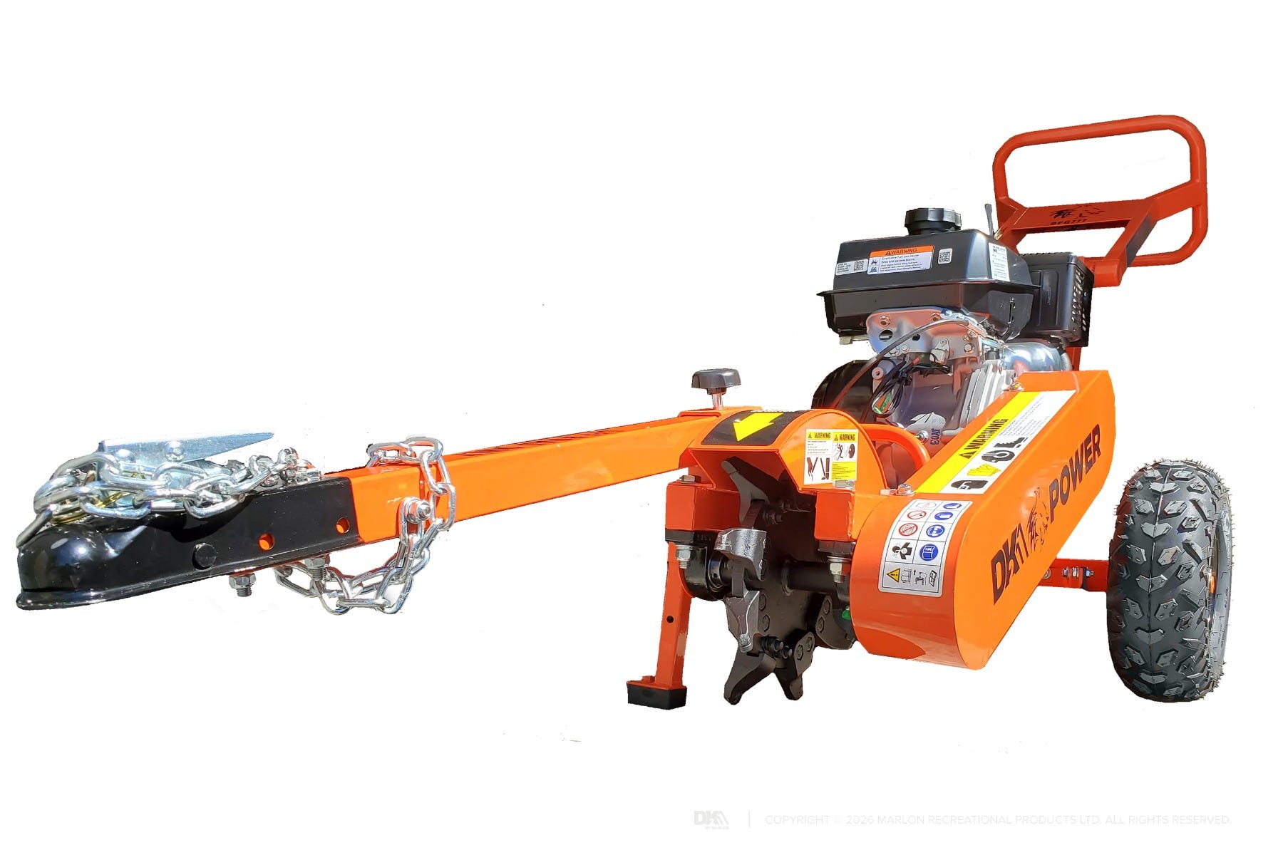 Orange DK2 Power OPG777 towable stump grinder on a white background, with a long tow bar and ball coupler at left, the 14-horsepower Kohler engine mounted above the cutting head, and the carbide cutter wheel and knobby tire at right