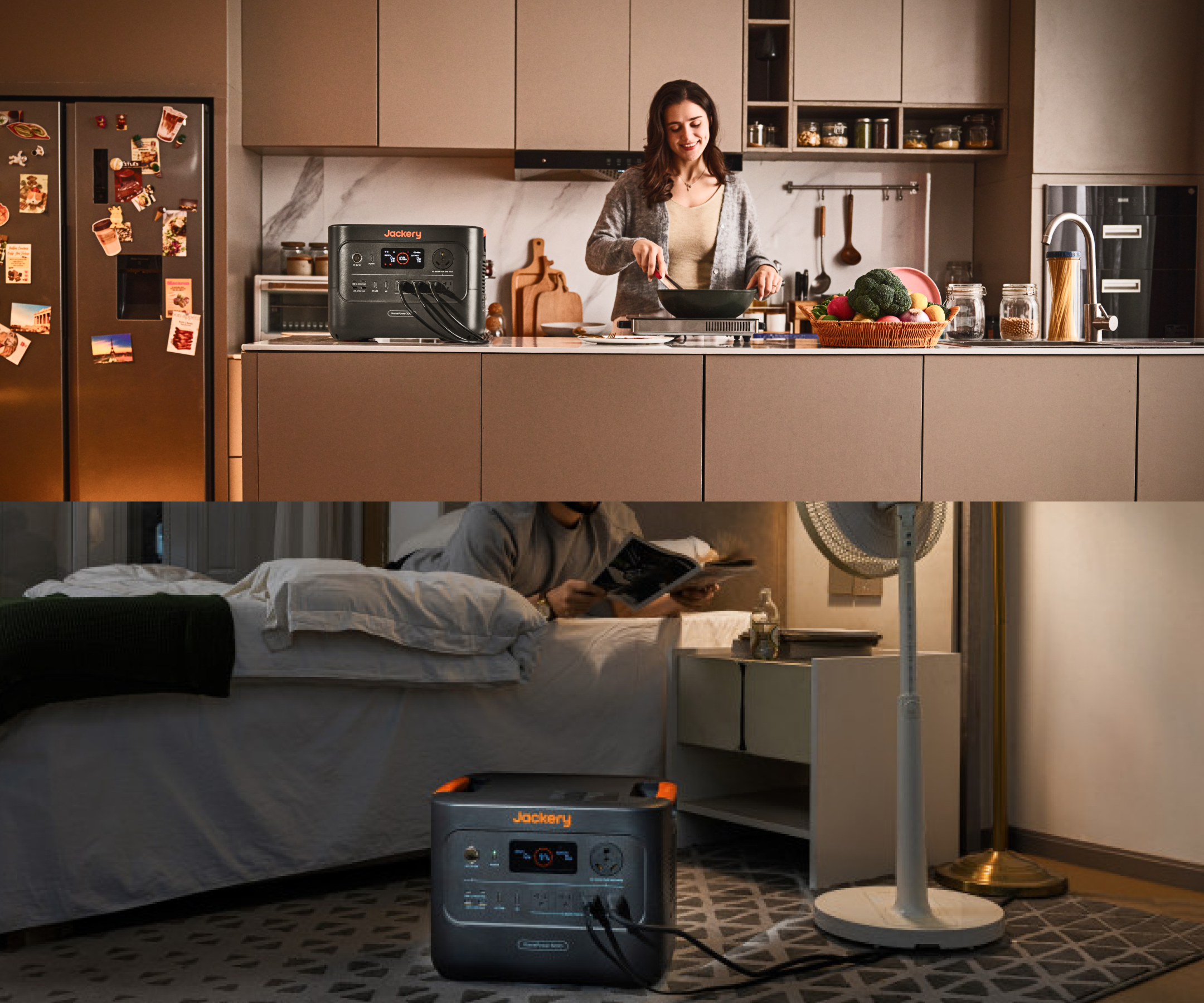 Two photographs stacked: a Jackery HomePower 3000 sitting on a kitchen counter beside the refrigerator with cords running to a portable cooktop while a woman cooks, and the same unit on a bedroom floor at night powering a standing fan