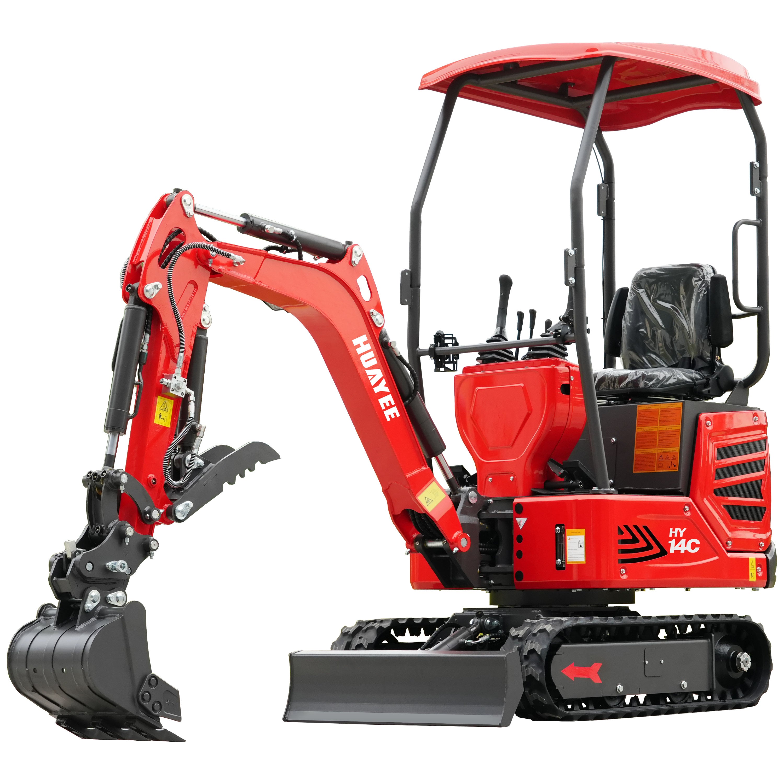 A red HUAYEE HY14C mini excavator photographed against a white studio background, arm extended with a toothed bucket and hydraulic thumb, dozer blade forward, open canopy over a seat still wrapped in factory plastic