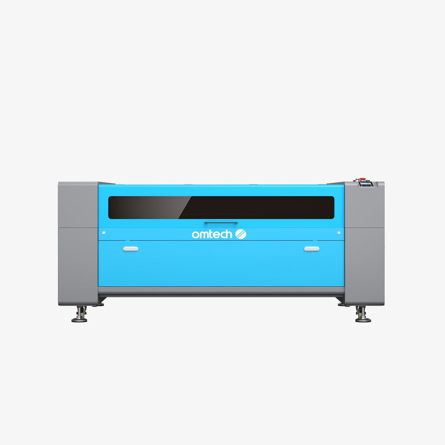 Máquina de corte láser CO2 cerrada, azul y gris, del ancho de un banco de taller, con una ventana oscura larga en la tapa, el tablero de control y la parada de emergencia en el extremo derecho y cuatro patas de nivelación bajo el bastidor